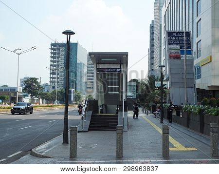 Jakarta, Indonesia - April 17, 2019: The Entrance Gate Of Bundaran Hi Mrt Station On Thamrin Street.