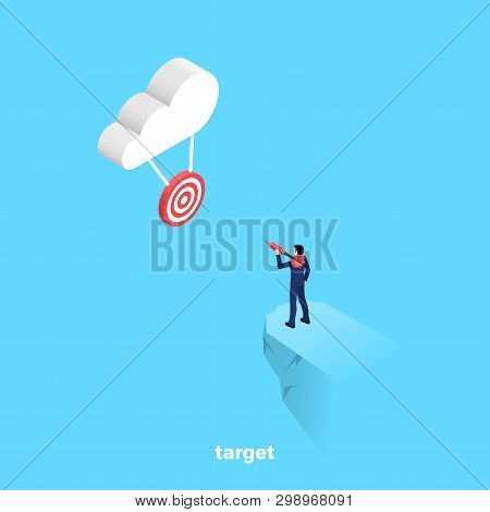 A Man With A Dart Is Going To Make A Sighting Throw On The Target Hanging On The Cloud, An Isometric