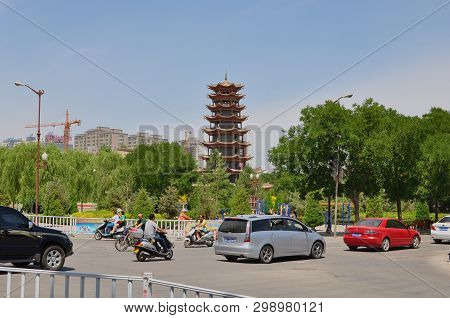 Zhangye, China - 06/27/2015: Wooden Pagoda In The City Centre