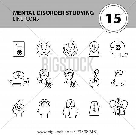 Mental Disorder Studying Line Icon Set. Psychologist, Hypnosis, Metronome. Psychology Concept. Can B
