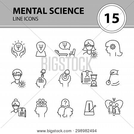 Mental Science Line Icon Set. Patient, Psychologist, Brain Work. Psychology Concept. Can Be Used For