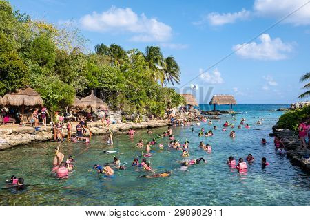 XCARET,MEXICO - APRIL 16,2019 : Snorkeling at XCaret park on the Mayan Riviera