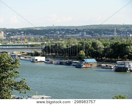 View Of Float Restaurants On Danube River, Belgrade, Serbia