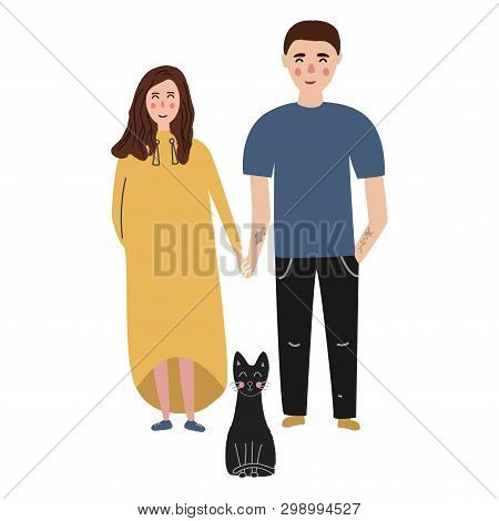 Happy Young Family With A Cat. Vector Illustration