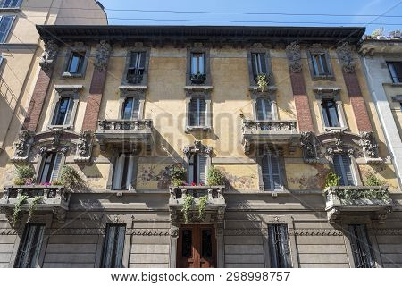 Milan, Lombardy, Italy: Facade Of An Old Typical Residential Building In Art Deco Style Along Via Ca