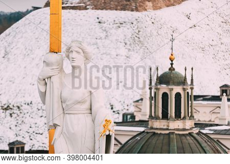 Vilnius Lithuania. Close Pediment Of Cathedral Basilica Of St. Stanislaus, St. Vladislav With Statue