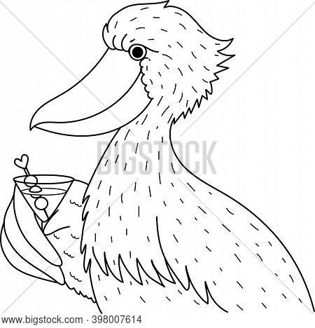 Shoebill Holding A Glass Of Drink For Coloring Book, Engraving, Laser Cut, Paper Cut And So On. Vect