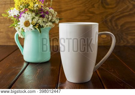 Coffee Mug Mockup With Wild Flowers. Coffee Cup Mock-up For Brand Promotion.  Empty Mug Mockup For D
