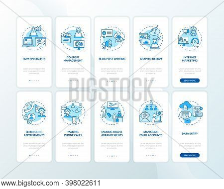 Virtual Assistant Work Blue Onboarding Mobile App Page Screen With Concepts Set. Freelance Job Walkt