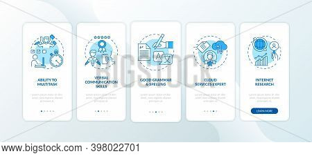 Virtual Assistant Skills Blue Onboarding Mobile App Page Screen With Concepts. Multitasking Employee
