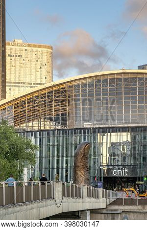 Paris, France - Jun 13, 2020: Skyscrapers Tour Edf Behind Cnit Facade During Sunset