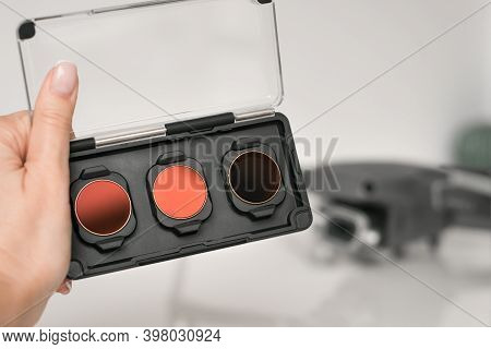 Close Up Of Neutral Density Filters Or Nd Filters And Polarising Filters Set For Drone. Filters For 