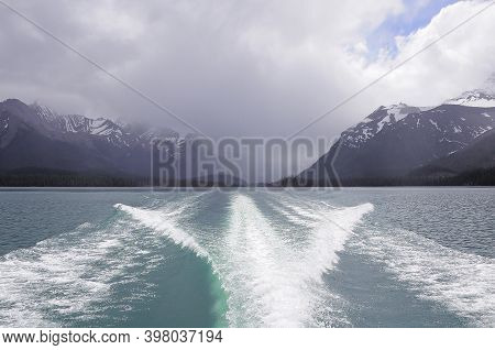 Maligne Lake At Stormy Day. Jasper National Park. Alberta. Canada.