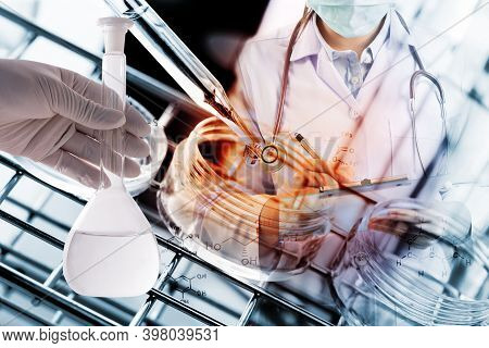 Double Exposure Of Scientist Writing Report With Equipment And Science Experiments,laboratory Resear