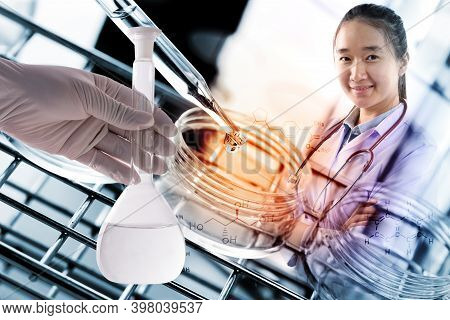 Double Exposure Of Scientist Or Doctor With Equipment And Science Experiments,laboratory Research, D