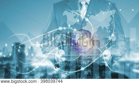 Double Exposure Businessman On City And Network Line Concept Background. Blockchain And Bitcoin Conc