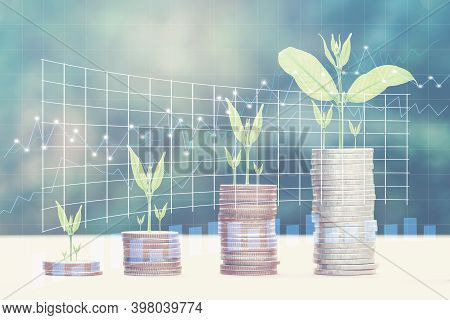 Business Finance And Money Concept With Forex Graph, Money Coin Stack Growing Graph With Green Bokeh