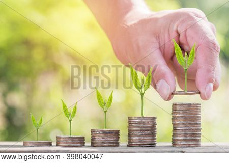 Hand Putting Money Coin Stack Growing Business,finance And Money Concept,hope Of Investor Concept