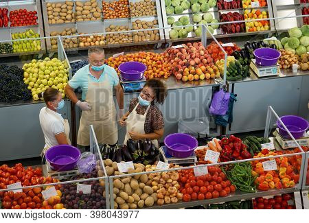 Bucharest, Romania - August 11, 2020: The Stalls Of The New Agri-food Market Piata Sudului During Th