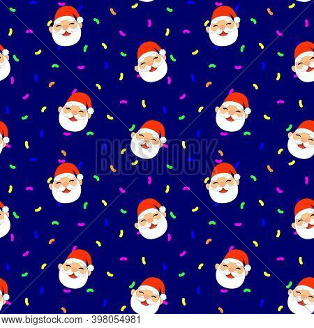 Christmas And New Year Seamless Pattern With Cute Santa Claus Head And Confetti For Greeting Cards, 