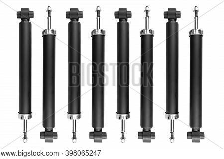 Set Car Shock Absorber Isolated On White Background. New Auto Shock Absorber From A Car On A White B