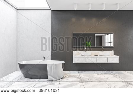 Black And White Walls, Minimalist Design Of Bathroom, Two White Sinks With Mirror, Bathtub With Towe