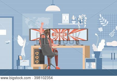 Young Man Sitting In Gaming Chair And Playing Video Games On Computer Vector Flat Illustration. Game