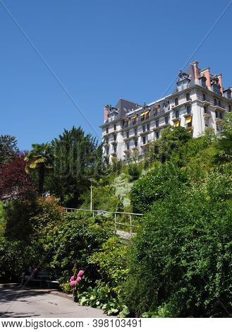 Luxury Hotel And Park In European Montreux City In Canton Vaud In Switzerland, Clear Blue Sky In 201