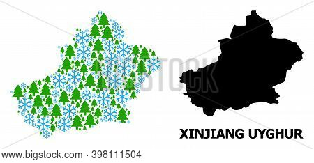 Vector Composition Map Of Xinjiang Uyghur Region Organized For New Year, Christmas, And Winter. Mosa