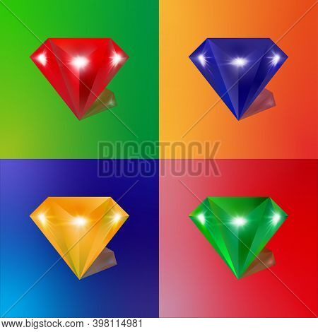 Set Of Different Diamonds On Colorful Backgrounds