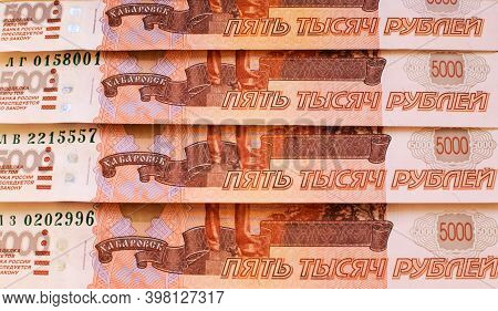 Money Background In Red. Russian Currency. Banknote 5000 Rubles. Financial Crisis, Ruble Devaluation