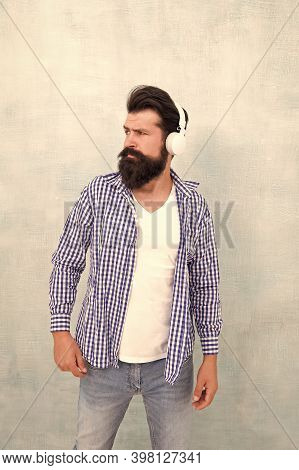 Audio Book. Emotional Hipster. Music Service. Melody. Modern Headphones Concept. Man Listening Music