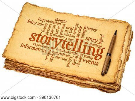 story and storytelling word cloud on a vintage handmade paper, culture, communication,  entertainment, and education concept