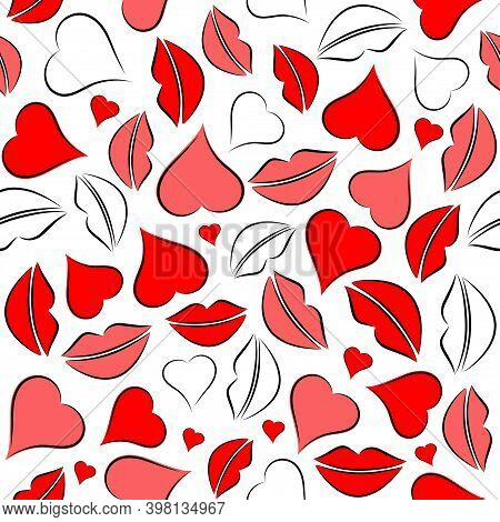 Seamless Pattern With Lips Traces And Hearts. Vector Illustration