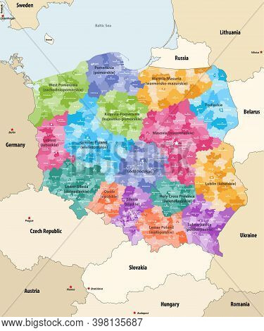 Vector Map Of Poland Administrative Divisions Colored By Provinces(known As Voivodeships) With Neigh