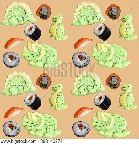 The Pattern Is Composed Of Dinosaurs, Dragons Made Of Rice,  Sushi,  Sake. Kyaraben, Bento. Creative
