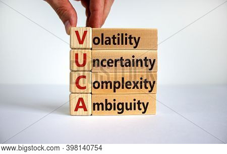 Vuca Symbol. Wooden Cubes With Words 'vuca - Volatility, Uncertainty, Complexity, Ambiguity'. Male H