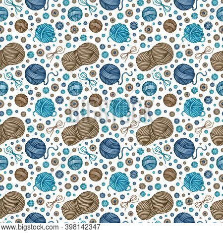 Watercolor Yarn Skeins Seamless Pattern. Turquoise Blue Brown Wool Threads Balls And Colorful Button