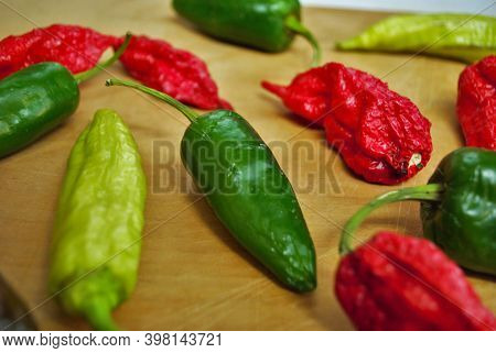 Fresh, Jalapeno, Habanero, Banana Pepper, Pepper, Hot, Banana, Wood, Background, Wood Background, Fo