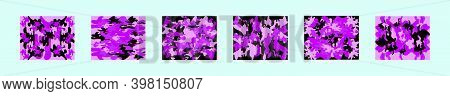 Set Of Purple Camouflage Cartoon Icon Design Template With Various Models. Modern Vector Illustratio
