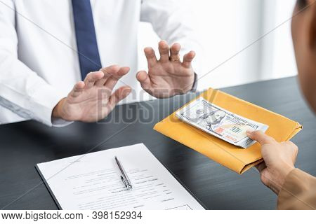 Businessman Partner Hand Gesture Rejecting Refusing Money, Anticorruption Concept