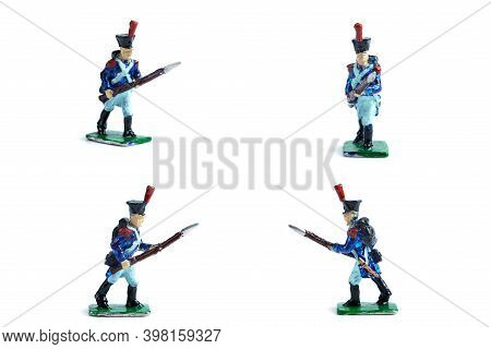 4 In 1 Shot Of Tin Soldiers With Musket On The White Background