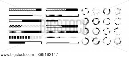 Status Bar. Circle And Line Indicator For Upload. Infographics Of Download Process. Black And White 