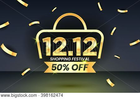12.12 Shopping Festival Sale Banner With Gold Confetti On 3D Realistic Studio Mockup . Social Media