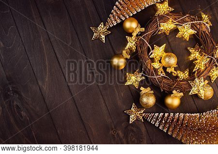 Luxury Elegant New Year Background - Wreath, Firs, Golden Decoration And Lights With Golden Stars Bu