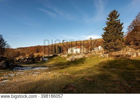 Autumnal Landscape In The Valle Delle Sfingi (valley Of The Sphinxes), Lessinia Plateau, Regional Na