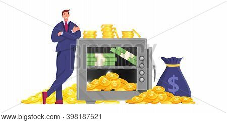 Metal Bank Safe Finance Vector Illustration With Successful Trader, Opened Strongbox,dollar Bills, P