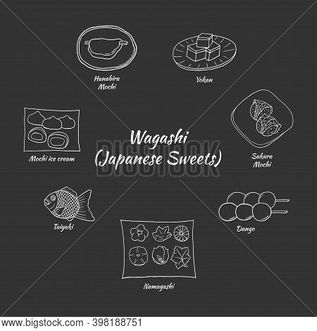 Vector Hand Drawn Doodle Wagashi (japanese Sweets) Set. Design Sketch Elements For Menu Cafe, Restau
