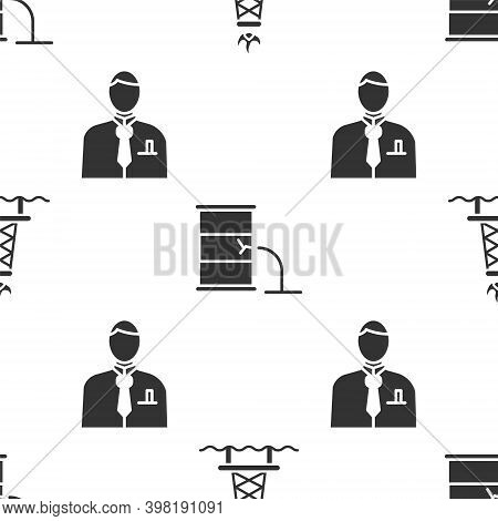 Set Oil Rig With Fire, Barrel Oil Leak And Businessman Or Stock Market Trader On Seamless Pattern. V