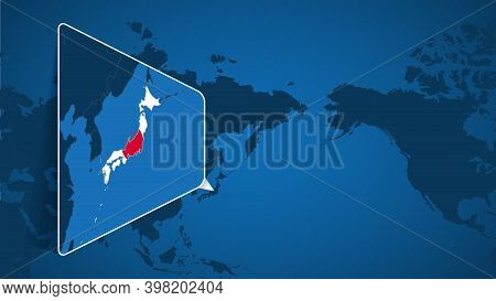 Location Of Japan On The World Map With Enlarged Map Of Japan With Flag. Geographical Vector Templat